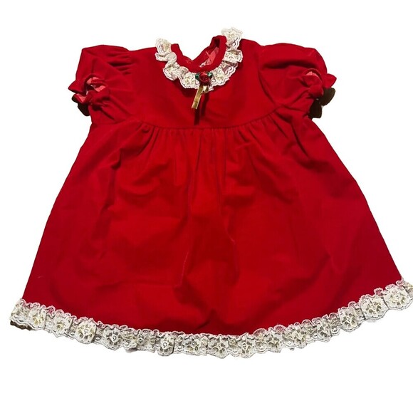 Cutest One Baby Dress Red Velvet Vintage USA with Lace 24 Months XL - Picture 1 of 11
